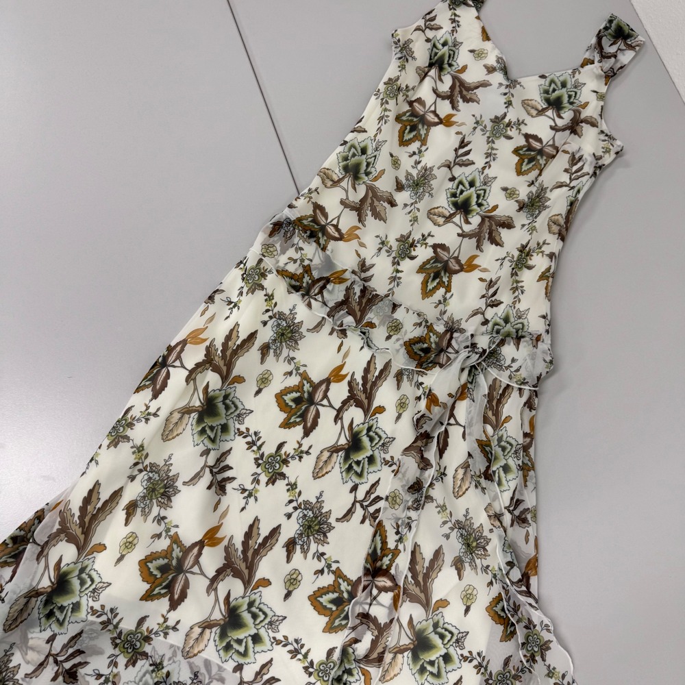 Believe Floral Chiffon Dress Women 6 Cream Green‎ Excellent Ruffle Handkerchief